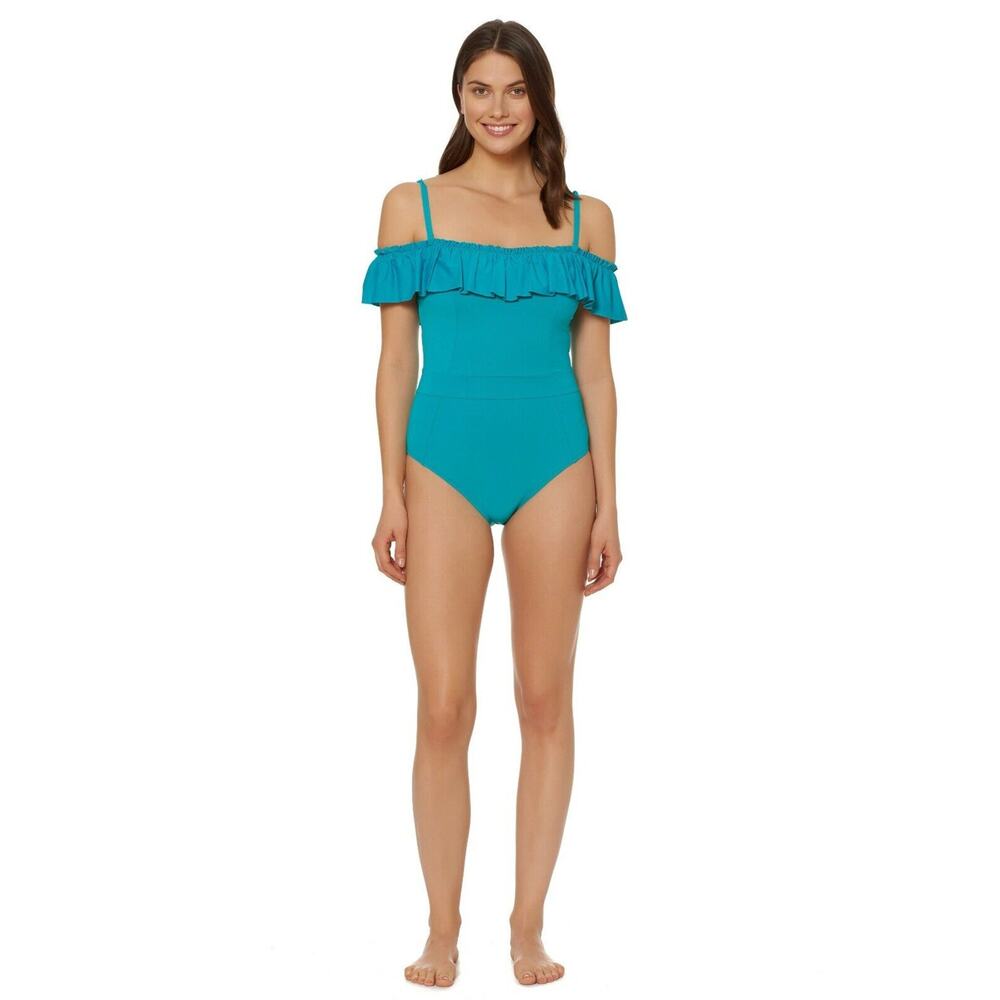 Bleu Rod Beattie Off Shoulder ruffle One piece swimsuit Summer Teal size 10